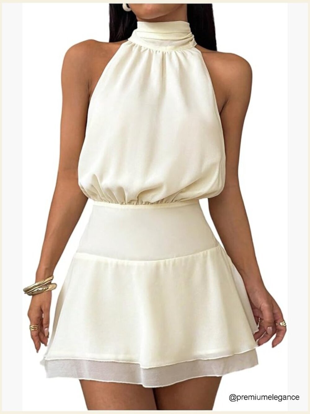 Sleeveless Mock Neck Halter Mini Dress Tie Back Flare Party